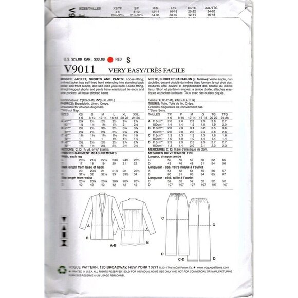 Vogue V9011 Misses XS to M Jacket, Pants and Shorts Uncut Sewing Pattern - Picture 2 of 2